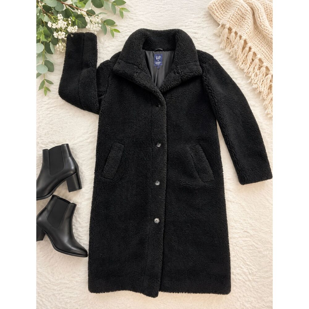 GAP Women's Long Sherpa Coat Black Teddy Fleece XS